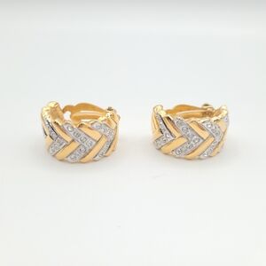 Gold Tone Chevron Clip-On Earrings Rhinestone Pave Chunky